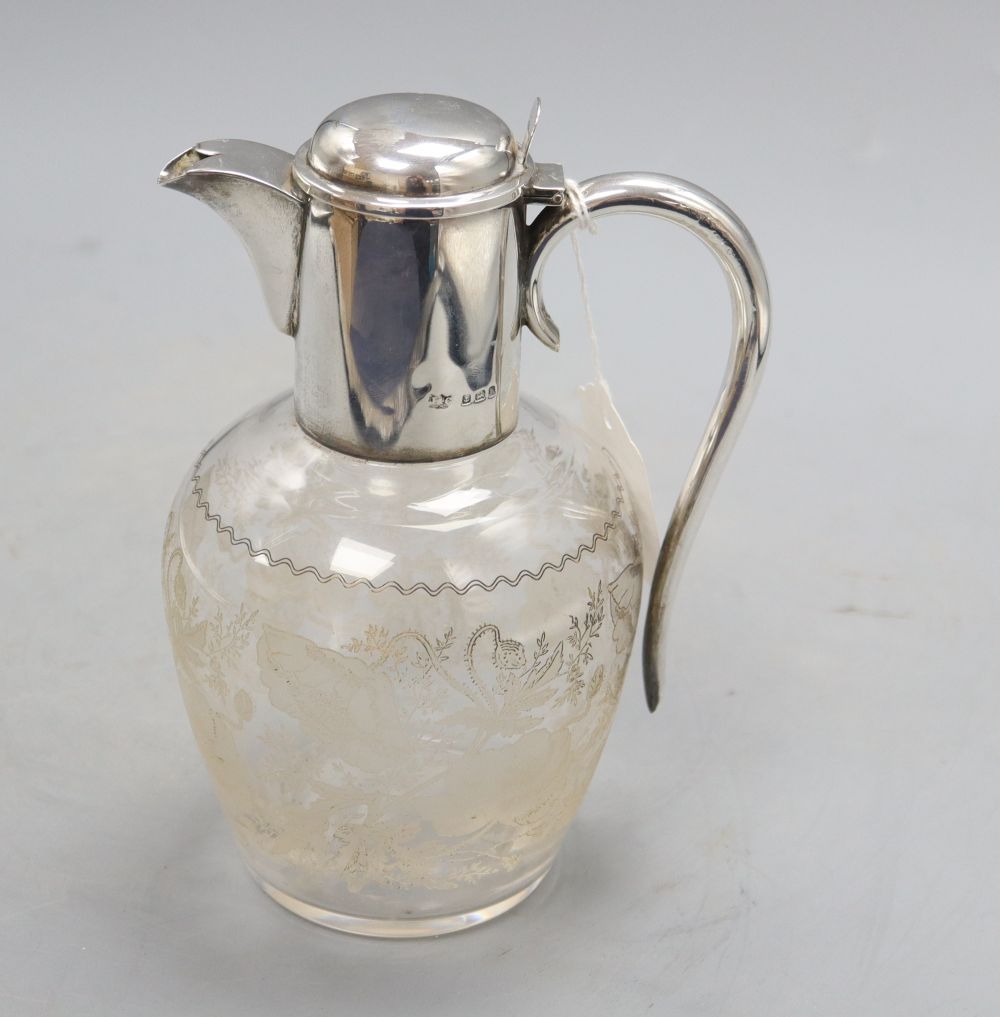 An Edwardian silver mounted etched glass claret jug, Birmingham, 1907, height 19.7cm.